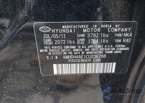 2012 Hyundai Elantra Gls (Ulsan Plant) from USA, damaged, VIN KMHDH4AE1CU236788